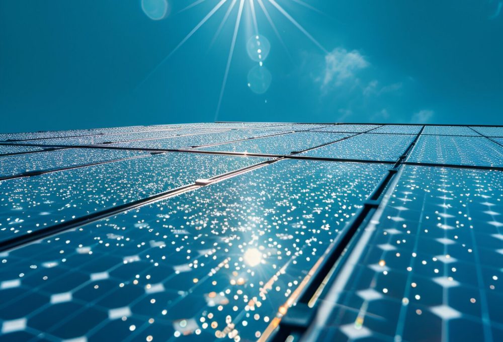 solar-panel-with-sunlight-reflecting-off-its-surface-against-clear-blue-sky-background